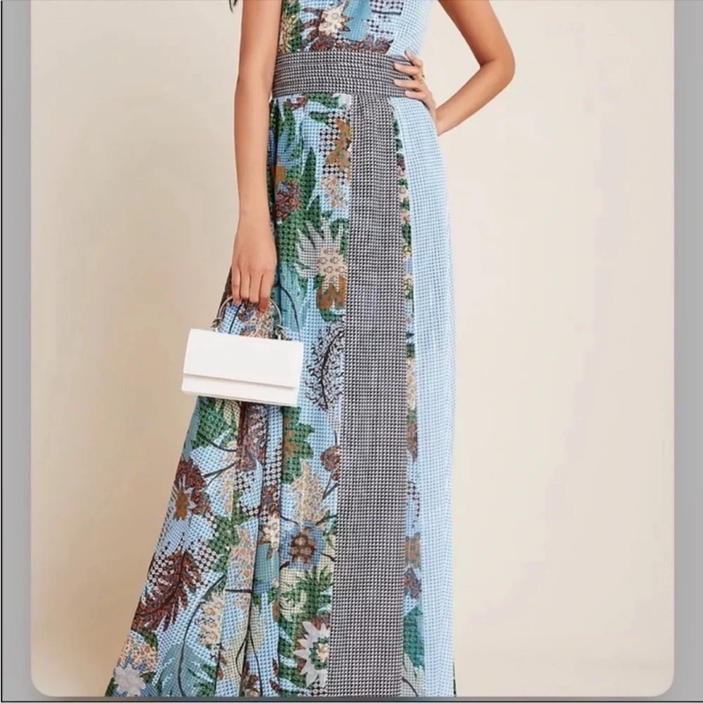 BHLDN Sachin & Babi Kimora Floral Metallic Halter Neck Maxi Dress Blue 2 NWT - Picture 3 of 10